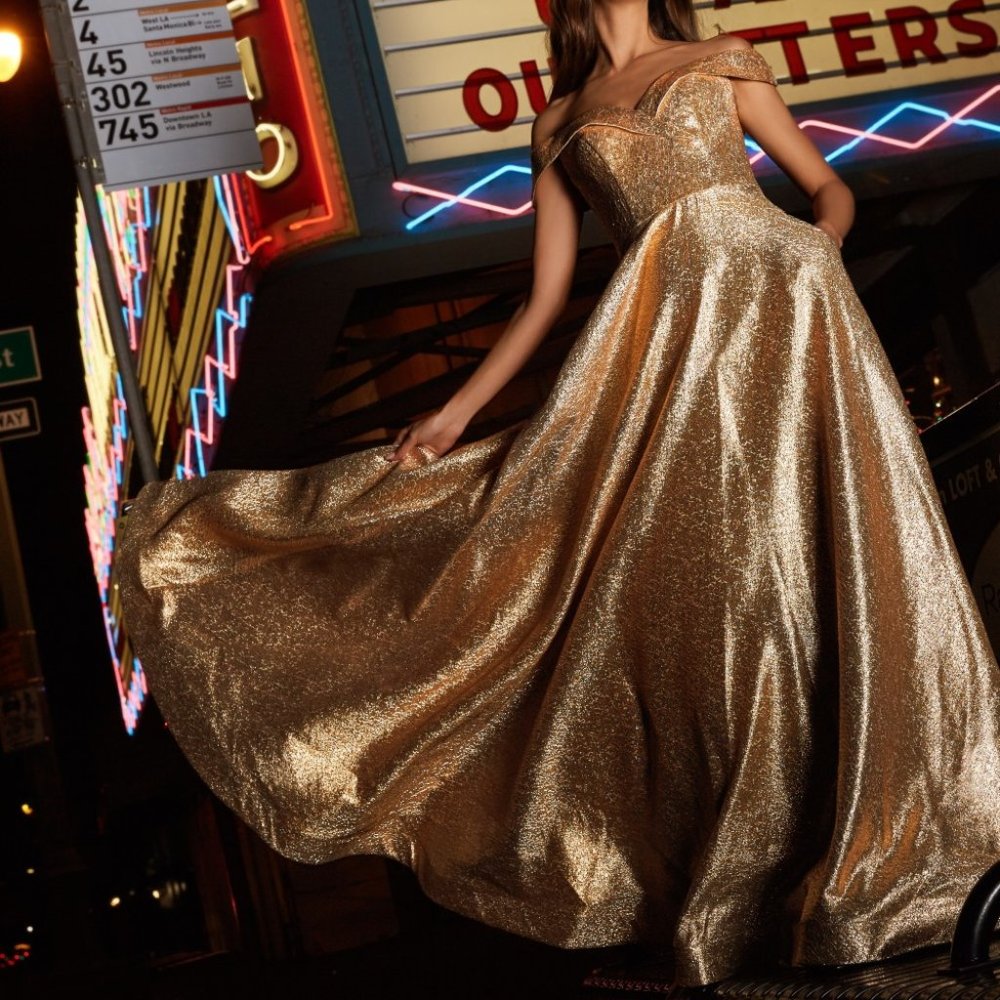 Metallic Off Shoulder Long Evening Dress CDCJ268 - Picture 3 of 7